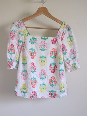 Women's Draper JamesSquare Neck Eyelet Top in White with Multicolor Floral Print